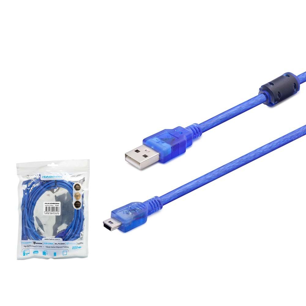 HADRON HDX7556 MINI USB V3/5PIN (M) TO USB (M) KABLO 1.5M (PS3 OYUN KOLU UYUMLU) MAVİ TRANSPARENT