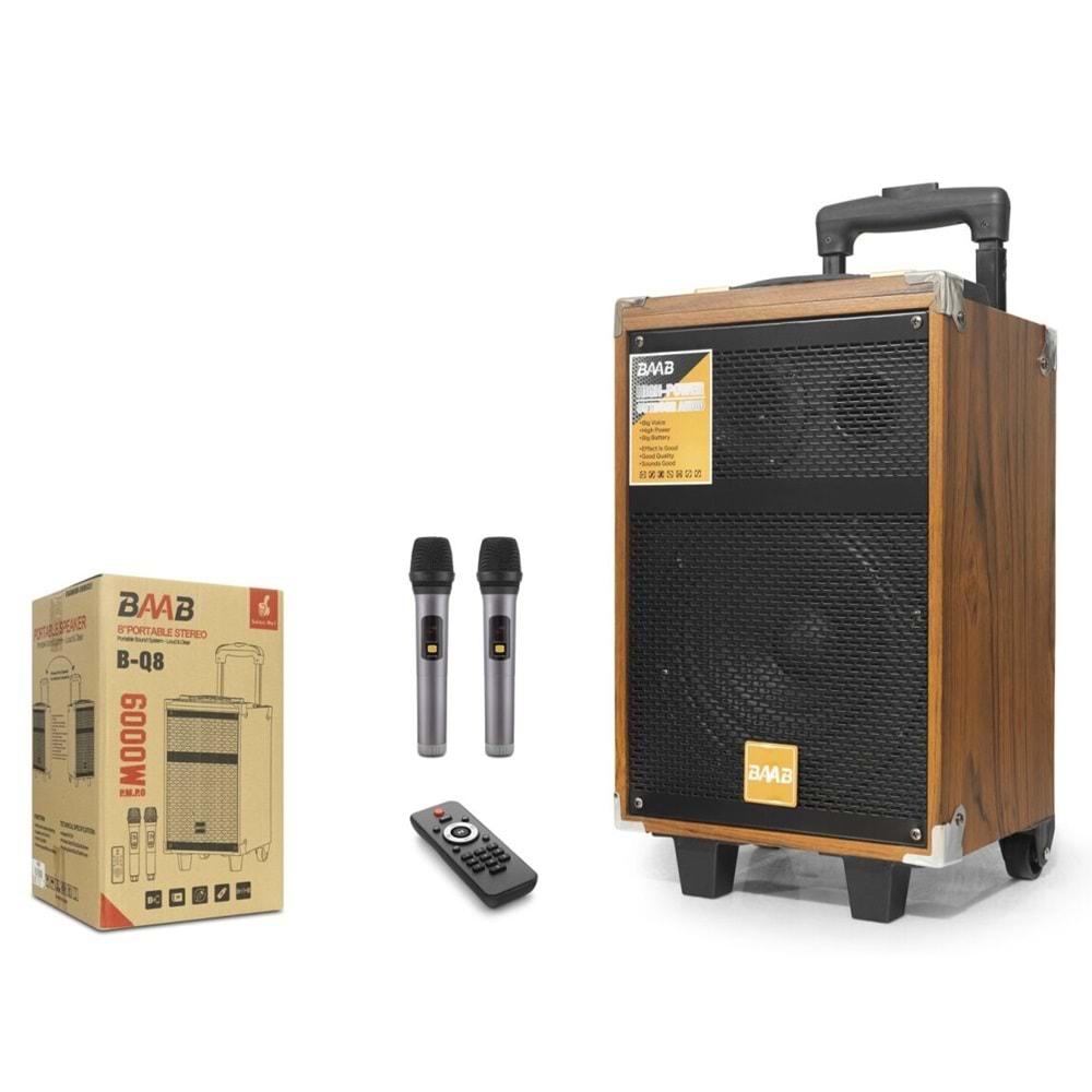 BAAB BQ8 Bluetooth Karaoke Hoparlör FM Radyo 8 İnç USB TF AUX Çift Mikrofonlu Kumandalı Taşınabilir - Ahşap