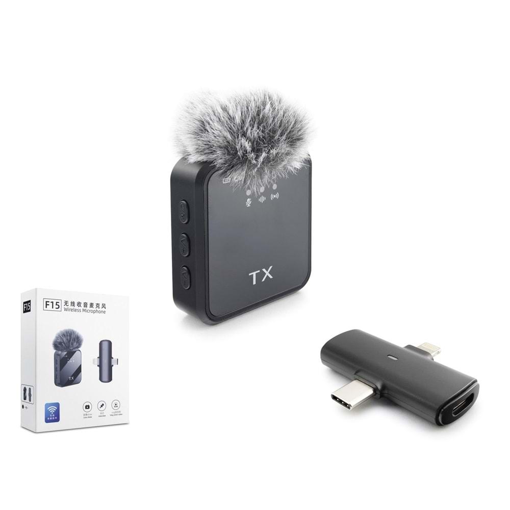 Hadron F15 Kablosuz Mikrofon 2in1 Type-C + Lightning Siyah