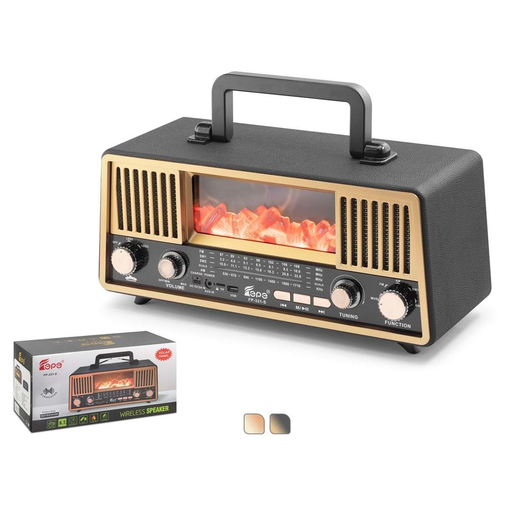 FEPE FP331S Bluetooth Nostaljik FM Radyo USB TF AUX Solar Şarjlı RGB Alev Efektli Taşınabilir Hoparlör