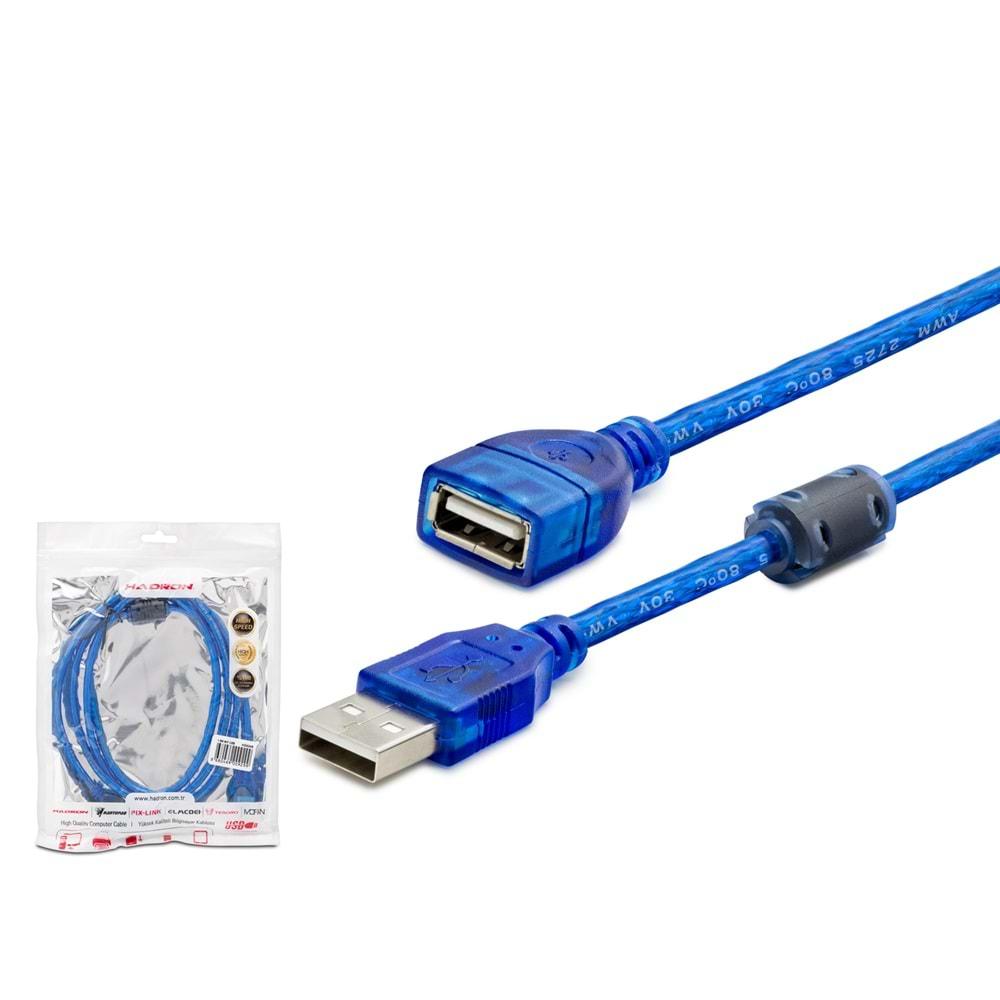 HADRON HDX7535 USB (M) TO USB (F) UZATMA KABLO 3M MAVİ TRANSPARENT