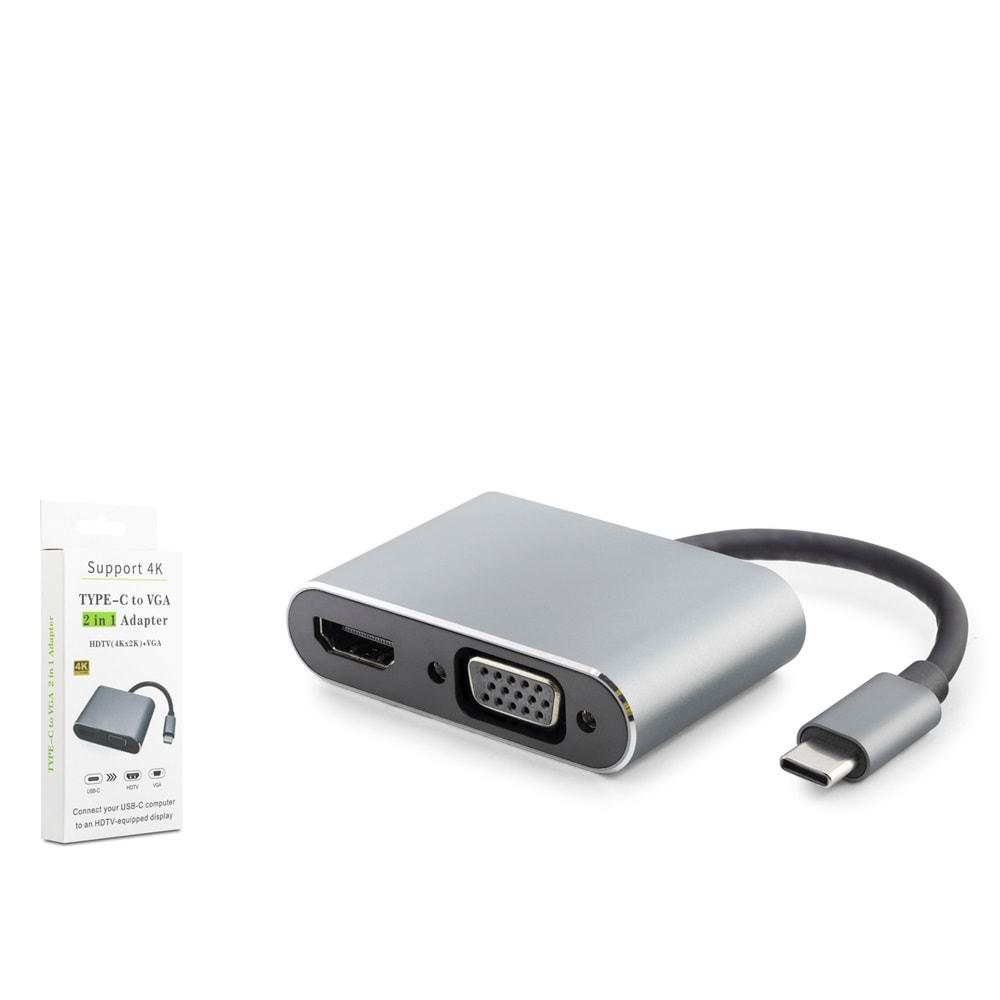Hadron Hdx7838 Type-C To Hdtv Hdmi 4K 30Hz + Vga 2In1 Gri