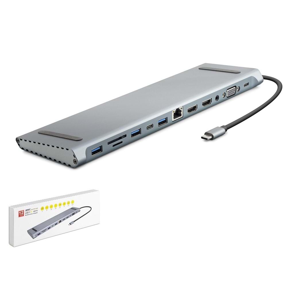 Hadron Hdx7855 Type-C Hdtv Combo 2*Type-C + 2*Hdmi 4K 30Hz + 3*Usb3.0 + Vga + Audio + Lan + Tf + Sd 12In1 Gri