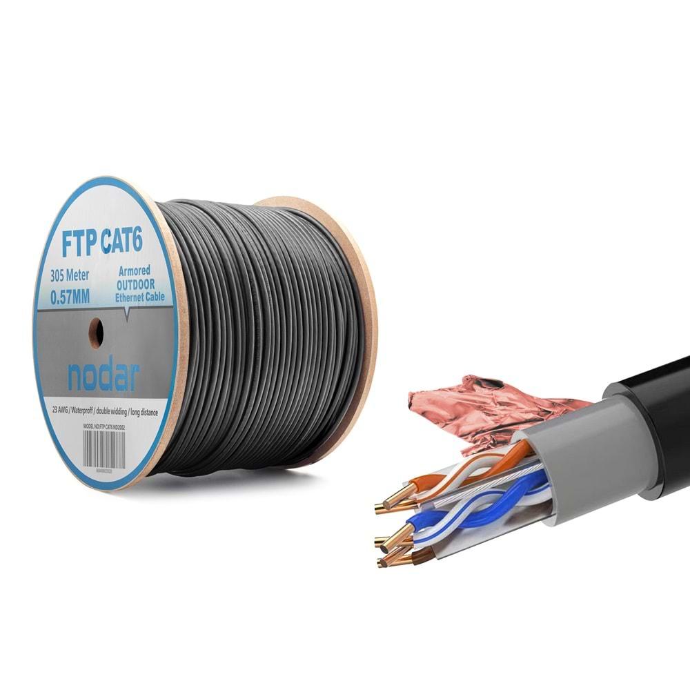 Nodar ND2002 Ftp Cat6 Dışmekan Kablo 23Awg Çift Pvc 4P* 1/0.57Mm + Al Foil + Transparent Foil + Drain 1/0.35Mm 305M Siyah