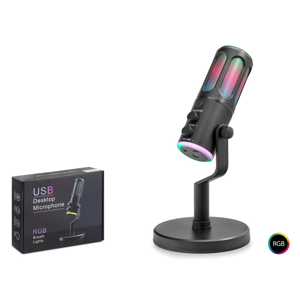 HADRON SU8 Profesyonel Gaming RGB Mikrofon DSP Gürültü Engelleme Reverb Echo Destekli Type-C - Siyah