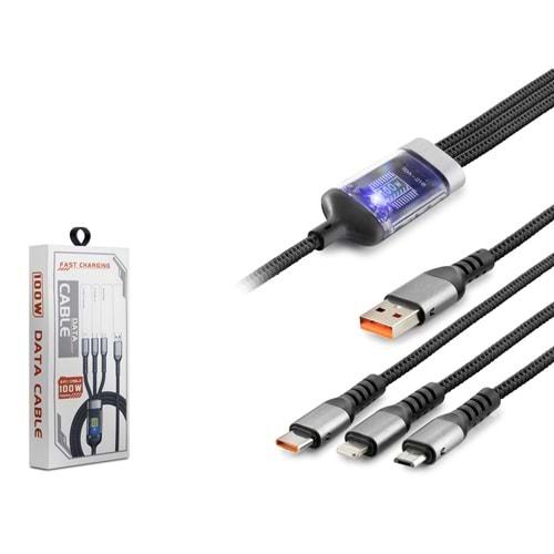 Hadron Hdx1400 Usb To Type-C + Lightning + Usb Micro Hızlı Şarj 3In Data Kablo 20W Siyah