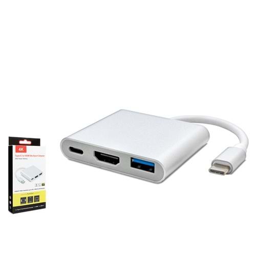 HADRON HDX7764 USB-C (M) TO HDMI +USB3.0+USB-C (3F) ADAPTÖR 3PORT MAC SILVER
