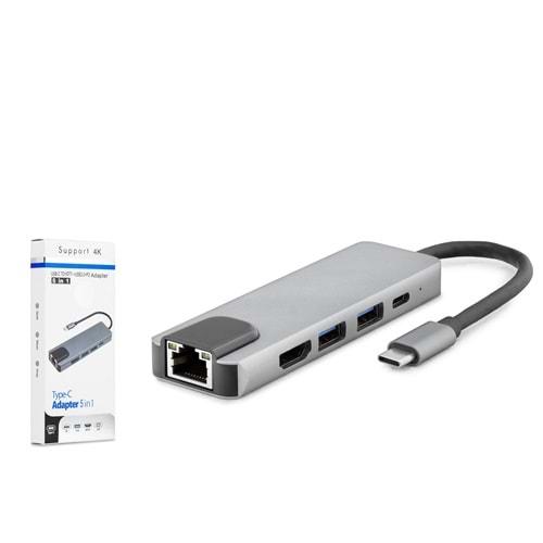 HADRON HDX7788 USB-C HUB 2PORT USB3.0 + 1 PORT USB-C + 1PORT HDMI + 1PORT ETHERNET + HDTV 5IN1 4K MAC PD GRİ